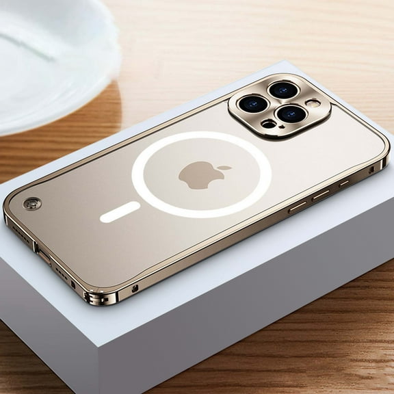 Dteck Magnetic Case for iPhone 12 Pro Max,Luxury Metal Aluminum Alloy Bumper Case Shockproof Compatible with MagSafe Matte Translucent Back Cover with Safety Lock ,Gold