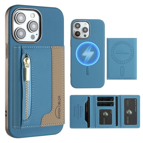 Dteck Magnetic Case for iPhone 12 Pro / iPhone 12 6.1", 2 in 1 Wallet Case Detachable Card Holder, Compatible with MagSafe, Slim PU Leather RFID Blocking Credit Slots Zipper Pocket,Light Blue