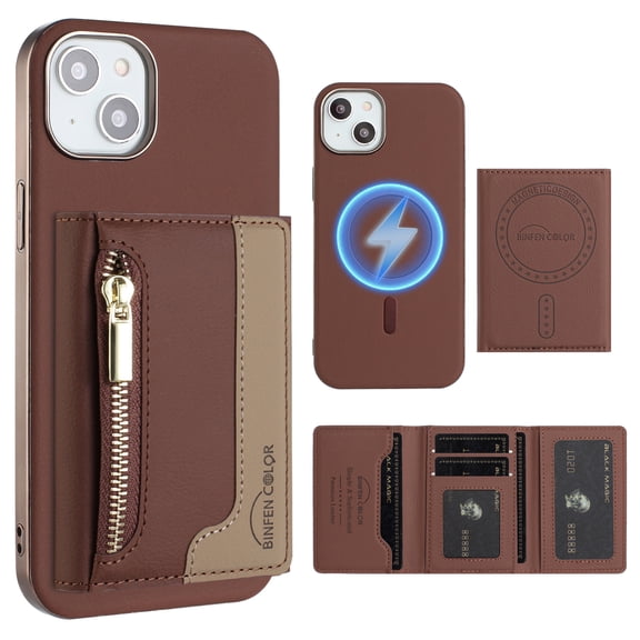 Dteck Magnetic Case for iPhone 13, 2 in 1 Wallet Case Detachable Card Holder, Compatible with MagSafe, Slim PU Leather RFID Blocking Credit Slots Zipper Pocket,Brown