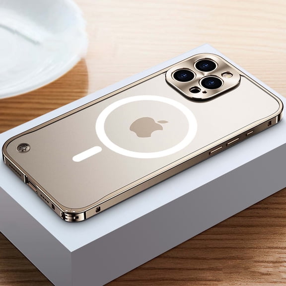 Dteck Magnetic Case for iPhone 13,Luxury Metal Aluminum Alloy Bumper Case Shockproof Compatible with MagSafe Matte Translucent Back Cover with Safety Lock ,Gold