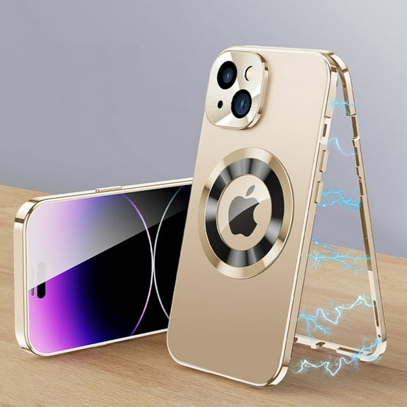 Dteck Magnetic Case for iPhone 13, MagSafe Compatible iPhone 13 Case with Built-in Screen Protector, Electroplating Metal Bumper Hybrid PC Back with Camera Lens Protector Logo Window View, Gold