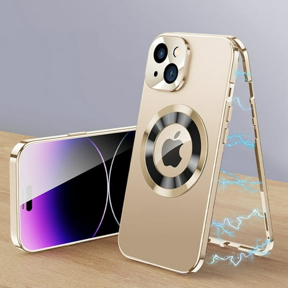 Dteck Magnetic Case for iPhone 13, MagSafe Compatible iPhone 13 Case with Built-in Screen Protector, Electroplating Metal Bumper Hybrid PC Back with Camera Lens Protector Logo Window View, Gold