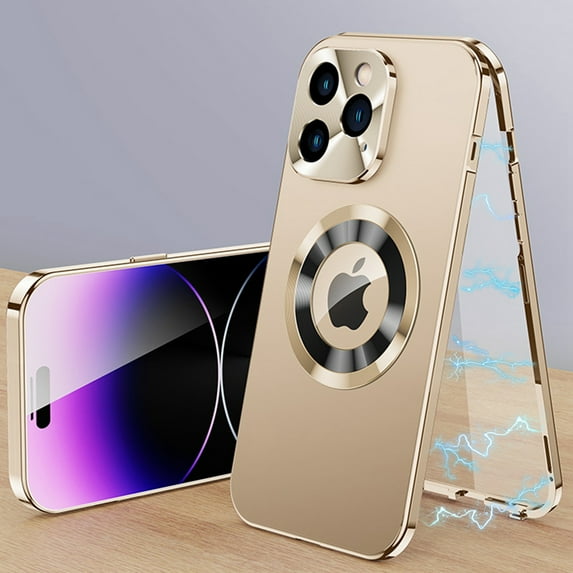 Dteck Magnetic Case for iPhone 13 Pro, MagSafe Compatible iPhone 13 Pro Case with Built-in Screen Protector,Metal Bumper Hybrid PC Back with Camera Lens Protector Logo Window View, Gold