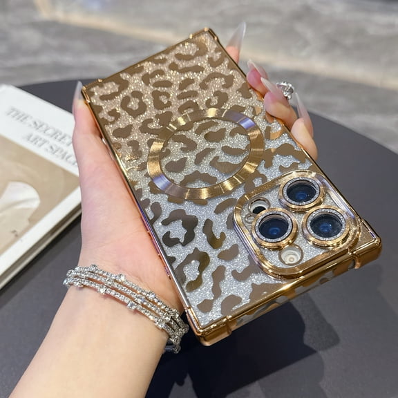 Dteck Magnetic Case for iPhone 13 Pro Max, 2 in 1 Shockproof Leopard Cheetah Print Compatible with MagSafe Diamond Gradient Glitter Paper TPU Bumper Phone Case Cover, Gold