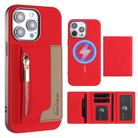 Dteck Magnetic Case for iPhone 13 Pro Max, 2 in 1 Wallet Case Detachable Card Holder, Compatible with MagSafe, Slim PU Leather RFID Blocking Credit Slots Zipper Pocket,Red