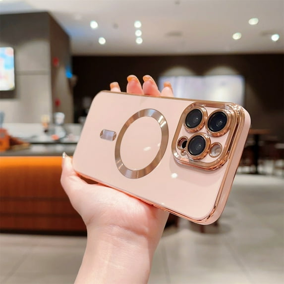 Dteck Magnetic Case for iPhone 13 Pro Max, Compatible with MagSafe, Camera Lens Protector Plating Luxury Cover for Women Men Clear Soft TPU Shockproof Protective Phone Case, Pink