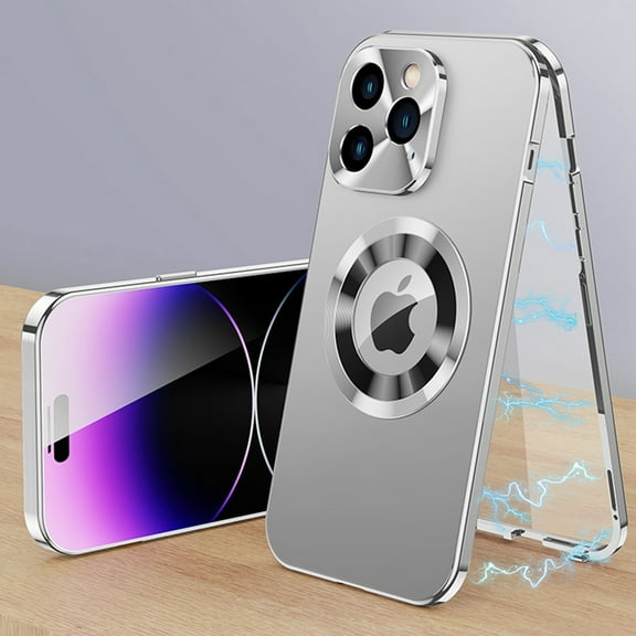 Dteck Magnetic Case for iPhone 13 Pro Max, MagSafe Compatible iPhone 13 Pro Max Case with Built-in Screen Protector,Metal Bumper Hybrid PC Back with Camera Lens Protector Logo Window View, Silver
