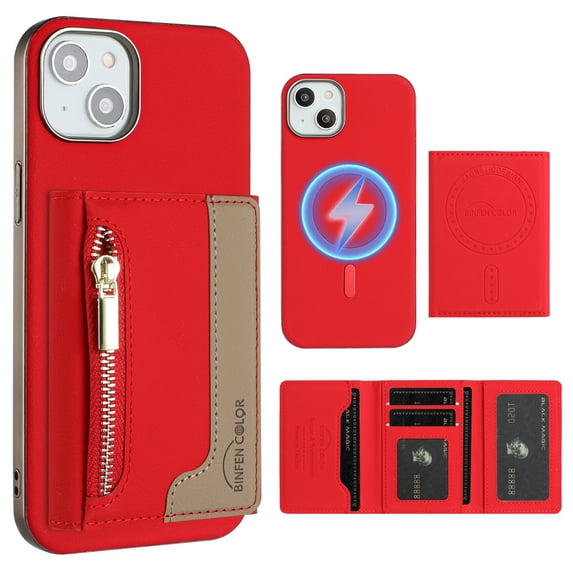 Dteck Magnetic Case for iPhone 14 Plus, 2 in 1 Wallet Case Detachable Card Holder, Compatible with MagSafe, Slim PU Leather RFID Blocking Credit Slots Zipper Pocket,Red