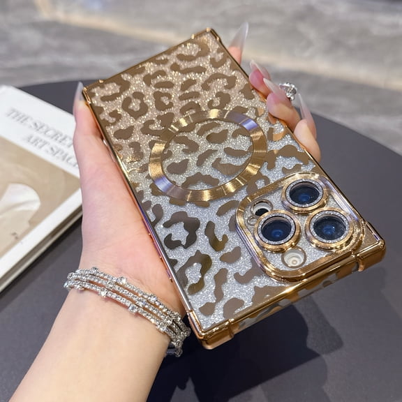 Dteck Magnetic Case for iPhone 14 Pro Max, 2 in 1 Shockproof Leopard Cheetah Print Compatible with MagSafe Diamond Gradient Glitter Paper TPU Bumper Phone Case Cover, Gold