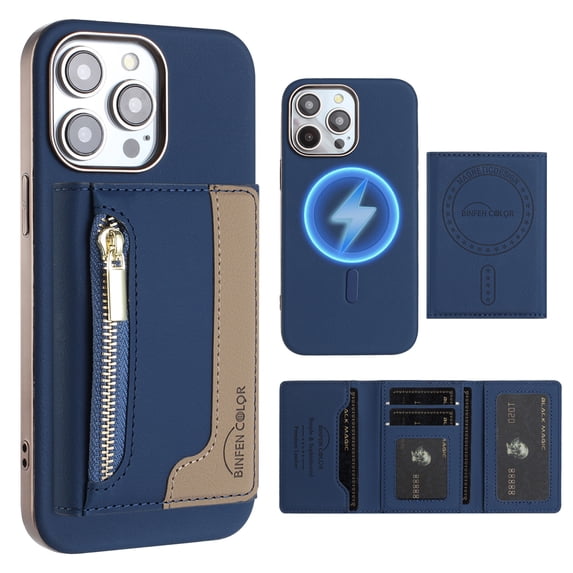 Dteck Magnetic Case for iPhone 14 Pro Max, 2 in 1 Wallet Case Detachable Card Holder, Compatible with MagSafe, Slim PU Leather RFID Blocking Credit Slots Zipper Pocket,Blue