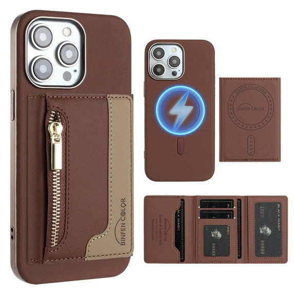 Dteck Magnetic Case for iPhone 14 Pro Max, 2 in 1 Wallet Case Detachable Card Holder, Compatible with MagSafe, Slim PU Leather RFID Blocking Credit Slots Zipper Pocket,Brown