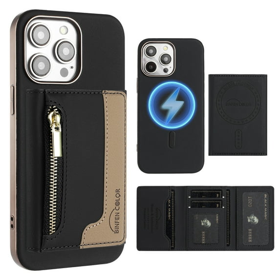 Dteck Magnetic Case for iPhone 14 Pro Max, 2 in 1 Wallet Case Detachable Card Holder, Compatible with MagSafe, Slim PU Leather RFID Blocking Credit Slots Zipper Pocket,Black