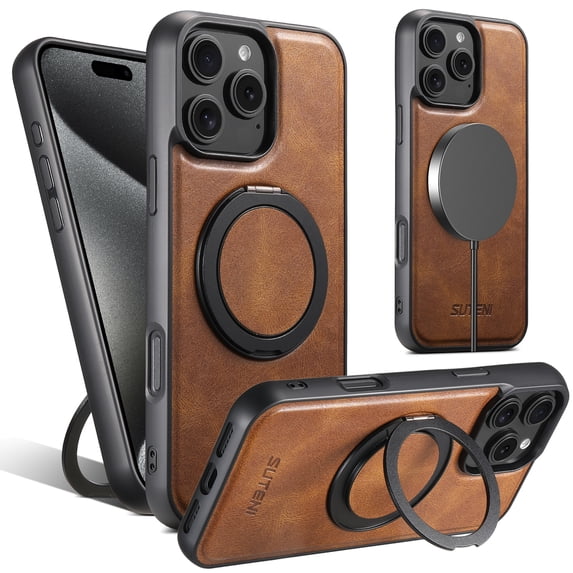 Dteck Magnetic Case for iPhone 14 Pro Max,Luxury Business Leather+Rubber Case Compatible with MagSafe Shockproof Ring Holder 360° Rotatable Kickstand Cover,Brown