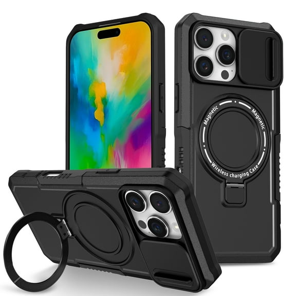 Dteck Magnetic Case for iPhone 14 Pro Max,Shockproof Silicone Case Compatible with MagSafe Slide Lens Protectio Ring Holder Kickstand Cover for iPhone 14 Pro Max,Black