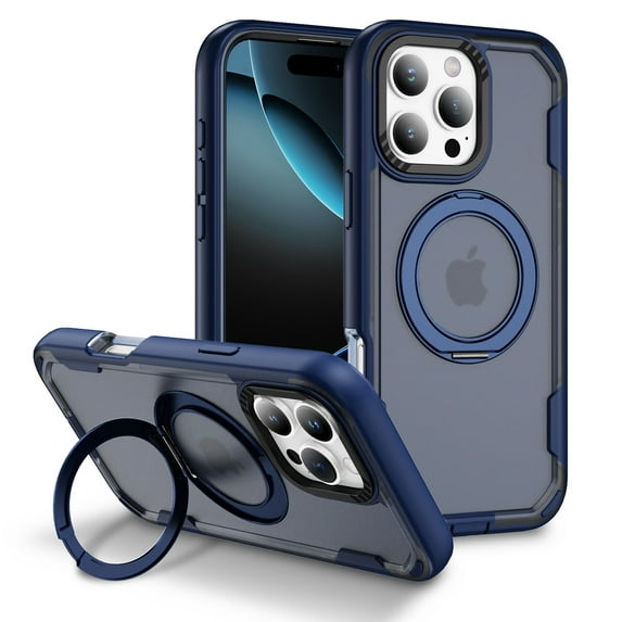 Dteck Magnetic Case for iPhone 14 Pro Max,Shockproof TPU Matte PC Case 360° Rotatable Ring Holder Kickstand Compatible with Mag Safe Back Cover,Navyblue