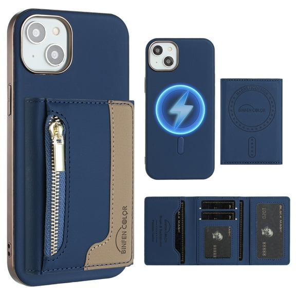 Dteck Magnetic Case for iPhone 15 Plus, 2 in 1 Wallet Case Detachable Card Holder, Compatible with MagSafe, Slim PU Leather RFID Blocking Credit Slots Zipper Pocket,Blue