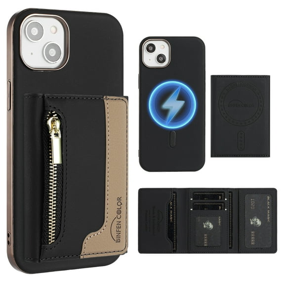 Dteck Magnetic Case for iPhone 15 Plus, 2 in 1 Wallet Case Detachable Card Holder, Compatible with MagSafe, Slim PU Leather RFID Blocking Credit Slots Zipper Pocket,Black
