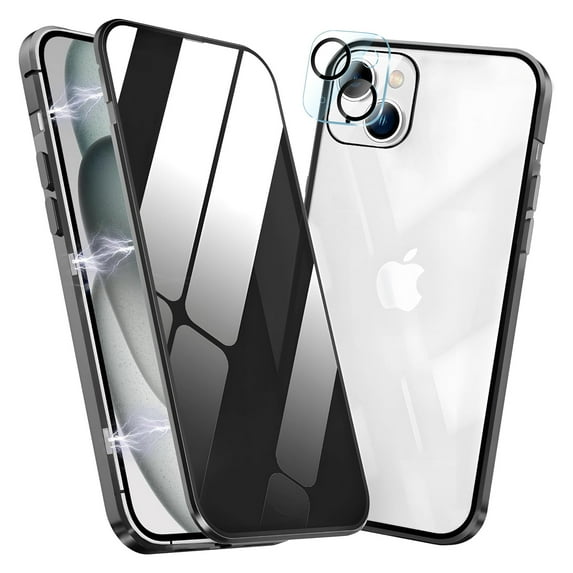 Dteck Magnetic Case for iPhone 15 Plus with HD Glass Camera Lens Protector, High Sensitivity Privacy Screen Metal Frame Anti-Peep Double Sided Case for iPhone 15 Plus 6.7 Inch,Black