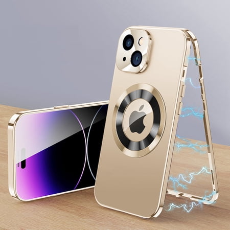 Dteck Magnetic Case for iPhone 15 Plus, MagSafe Compatible iPhone 15 Plus Case with Built-in Screen Protector,Metal Bumper Hybrid PC Back with Camera Lens Protector Logo Window View, Gold