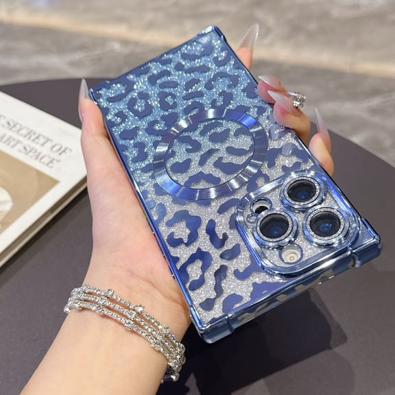 Dteck Magnetic Case for iPhone 15 Pro, 2 in 1 Shockproof Leopard Cheetah Print Compatible with MagSafe Diamond Gradient Glitter Paper TPU Bumper Phone Case Cover, Blue