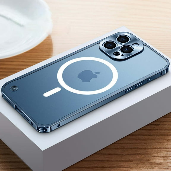 Dteck Magnetic Case for iPhone 15 Pro Max,Luxury Metal Aluminum Alloy Bumper Case Shockproof Compatible with MagSafe Matte Translucent Back Cover with Safety Lock ,Blue