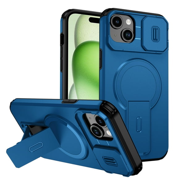 Dteck Magnetic Case for iPhone 15,Shockproof TPU+PC Case Compatible with Mag Safe with Sliding Camera Lens Protection Kickstand Cover for iPhone 15,Blue