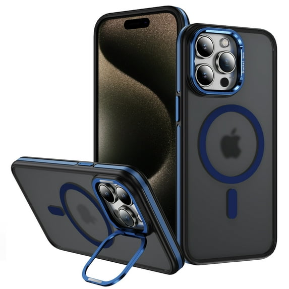 Dteck Magnetic Case for iPhone 15 ,Shockproof Translucent Matte PC+TPU Case Compatible with MagSafe Built-in Camera Stand Back Cover for iPhone 15,Blue