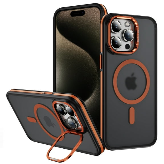 Dteck Magnetic Case for iPhone 15 ,Shockproof Translucent Matte PC+TPU Case Compatible with MagSafe Built-in Camera Stand  Back Cover for iPhone 15,Orange