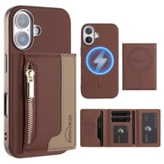 Dteck Magnetic Case for iPhone 16, 2 in 1 Wallet Case Detachable Card Holder, Compatible with MagSafe, Slim PU Leather RFID Blocking Credit Slots Zipper Pocket,Brown