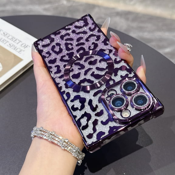 Dteck Magnetic Case for iPhone 16 Plus, 2 in 1 Shockproof Leopard Cheetah Print Compatible with MagSafe Diamond Gradient Glitter Paper TPU Bumper Phone Case Cover, Darkpurple