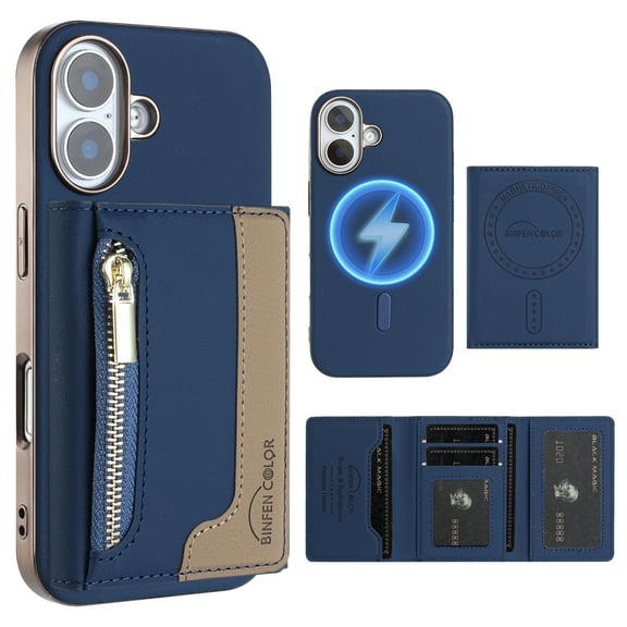 Dteck Magnetic Case for iPhone 16 Plus, 2 in 1 Wallet Case Detachable Card Holder, Compatible with MagSafe, Slim PU Leather RFID Blocking Credit Slots Zipper Pocket,Blue