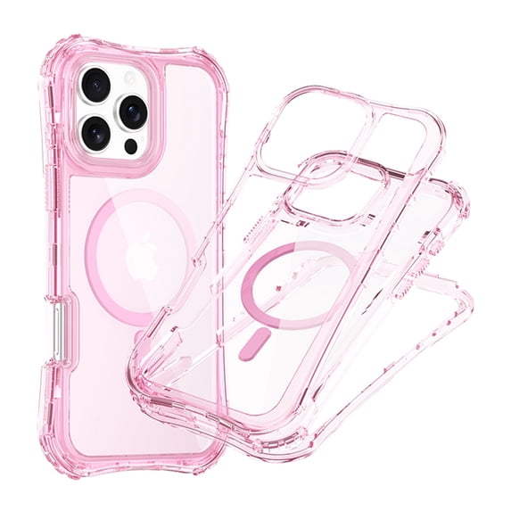 Dteck Magnetic Case for iPhone 16 Plus, Shockproof 3-Layer Military Grade Protection Clear Case Compatible with Mag Safe Back Cover with Wrist Strap,Pink