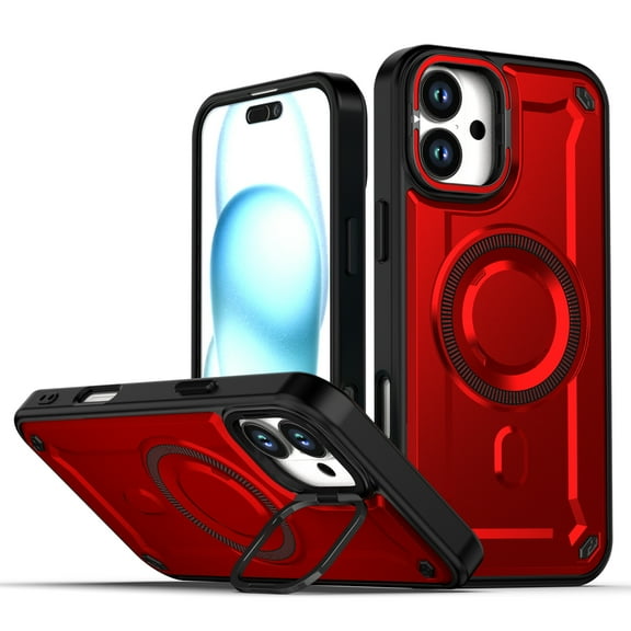 Dteck Magnetic Case for iPhone 16 Plus,Shockproof TPU+PC Heavy Duty Protection Compatible with Mag Safe Case with Hidden Lens Kickstand Cover for iPhone 16 Plus,Red