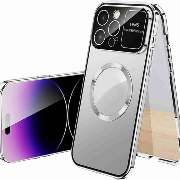 Dteck Magnetic Case for iPhone 16 Plus, Tempered Glass Screen Protector and Magnetic Adsorption Case Metal Bumper Shockproof Plating Hard Cover, Silver