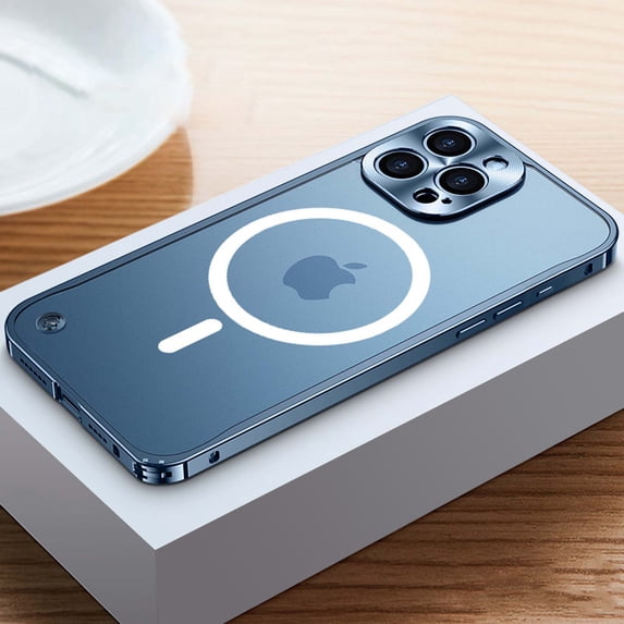Dteck Magnetic Case for iPhone 16 Pro,Luxury Metal Aluminum Alloy Bumper Case Shockproof Compatible with MagSafe Matte Translucent Back Cover with Safety Lock ,Blue