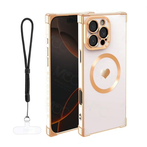 Dteck Magnetic Case for iPhone 16 Pro Max 6.9 Inch Compatible with Mag-Safe, Soft TPU Heart Design Phone Cover with Lanyard Wrist Strap Shockproof Protection Slim Case for Women,White