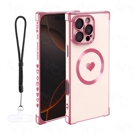 Dteck Magnetic Case for iPhone 16 Pro Max 6.9 Inch Compatible with Mag-Safe, Soft TPU Heart Design Phone Cover with Lanyard Wrist Strap Shockproof Protection Slim Case for Women,Pink