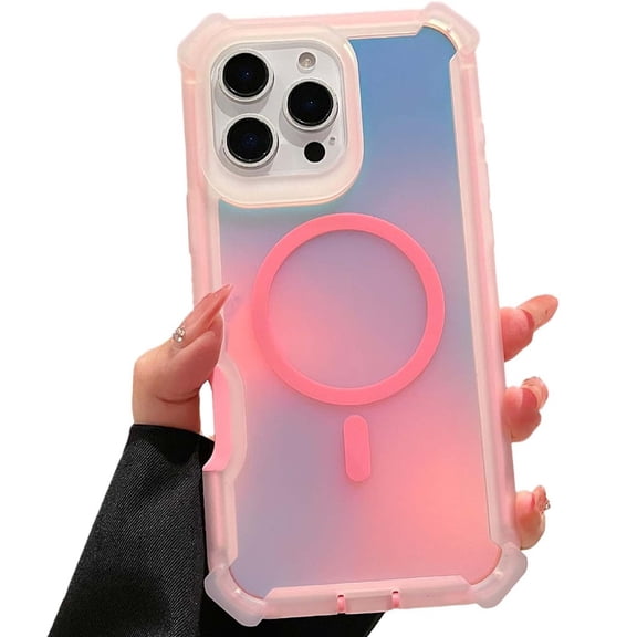 Dteck Magnetic Case for iPhone 16 Pro Max,Compatible with Magsafe, Shock-Absorbent Bumper Cute and Unique Fluorescent Holographic Iridescent Phone Cover,Pink