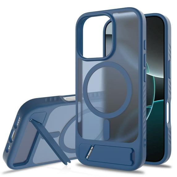 Dteck Magnetic Case for iPhone 16 Pro,Shockproof TPU+PC Anti-Slip Compatible with Mag Safe Case Adjustable Kickstand Frosted Translucent Matte Phone Cover for iPhone 16 Pro,Darkblue
