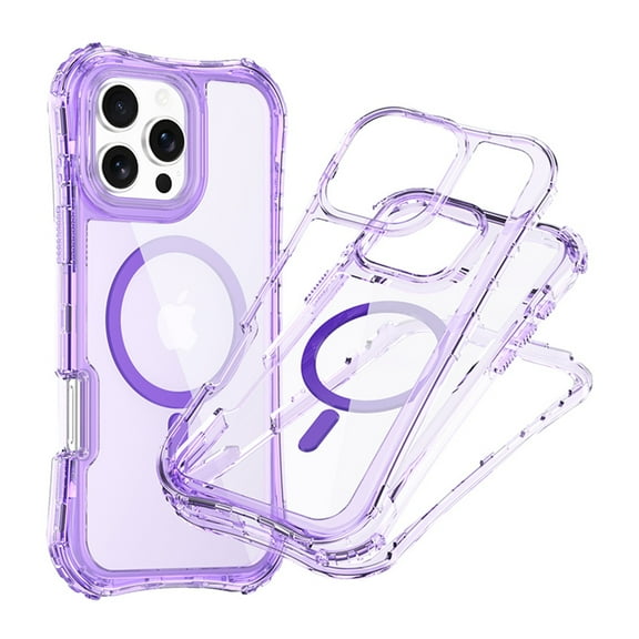 Dteck Magnetic Case for iPhone 16, Shockproof 3-Layer Military Grade Protection Clear Case Compatible with Mag Safe Back Cover with Wrist Strap,Purple