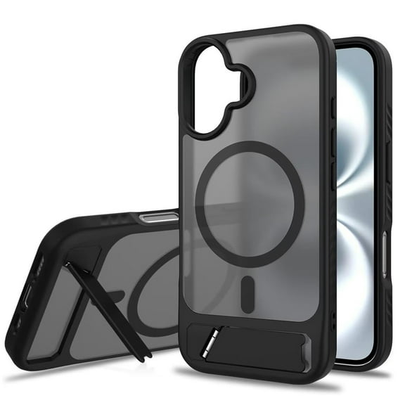 Dteck Magnetic Case for iPhone 16,Shockproof TPU+PC Anti-Slip Compatible with Mag Safe Case Adjustable Kickstand Frosted Translucent Matte Phone Cover for iPhone 16,Black
