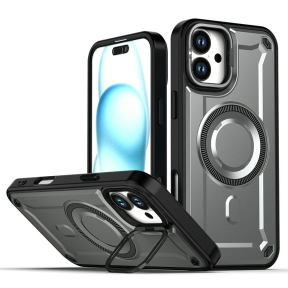 Dteck Magnetic Case for iPhone 16,Shockproof TPU+PC Heavy Duty Protection Compatible with Mag Safe Case with Hidden Lens Kickstand Cover for iPhone 16,Gray