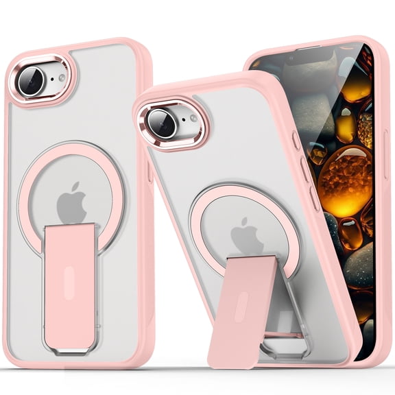 Dteck Magnetic Case for iPhone 16e,iPhone 17e Shockproof TPU+PC Compatible with Mag Safe Anti-Slip Case Invisible Bracket Kickstand Back Cover for iPhone 17e/16e,Pink
