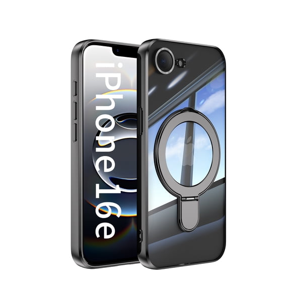 Dteck Magnetic Case for iPhone 16e,Shockproof TPU+PC Ring Stand Case Built-in Camera Lens Protector Compatible with MagSafe Plating Transparent Back Cover,Gray