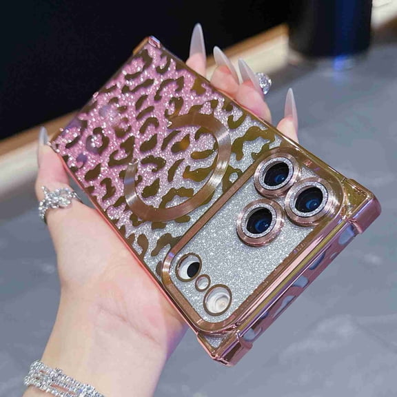 Dteck Magnetic Case for iPhone 17, 2 in 1 Shockproof Leopard Cheetah Print Compatible with MagSafe Diamond Gradient Glitter Paper TPU Bumper Phone Case Cover, Pink