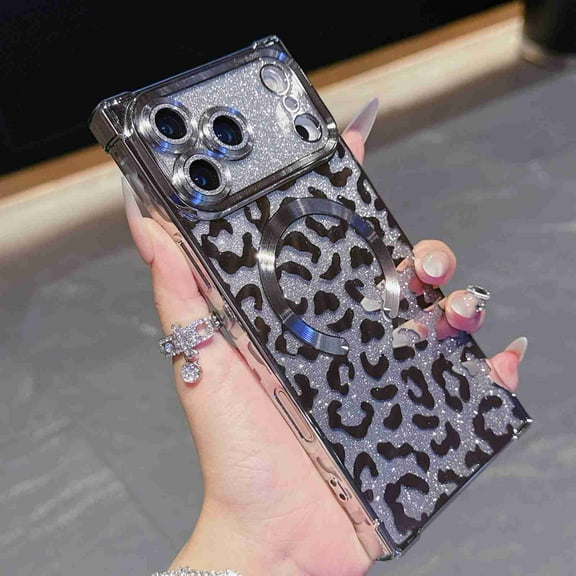 Dteck Magnetic Case for iPhone 17, 2 in 1 Shockproof Leopard Cheetah Print Compatible with MagSafe Diamond Gradient Glitter Paper TPU Bumper Phone Case Cover, Silver