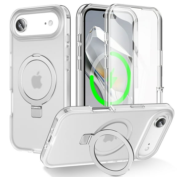 Dteck Magnetic Case for iPhone 17 Air,Shockproof Ring Holder Stand Case Built-in Screen Protector Compatible with Mag Safe Matte Translucent Back Cover,Frosted Clear
