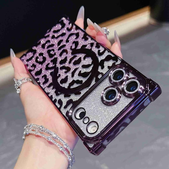 Dteck Magnetic Case for iPhone 17 Pro, 2 in 1 Shockproof Leopard Cheetah Print Compatible with MagSafe Diamond Gradient Glitter Paper TPU Bumper Phone Case Cover, Darkpurple