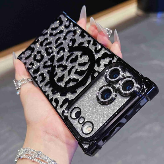 Dteck Magnetic Case for iPhone 17 Pro Max, 2 in 1 Shockproof Leopard Cheetah Print Compatible with MagSafe Diamond Gradient Glitter Paper TPU Bumper Phone Case Cover, Black