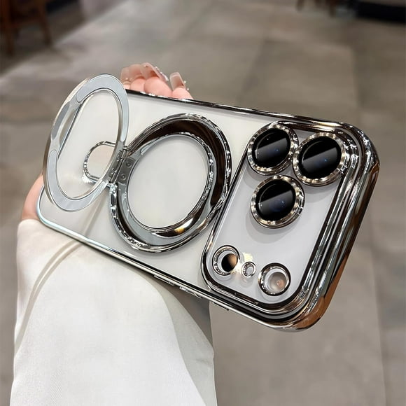 Dteck Magnetic Case for iPhone 17 Pro Max 6.9", MagSafe Compatible Clear Cover with Invisible Stand, Camera Lens Protector & Shockproof Hybrid Protection,Silver